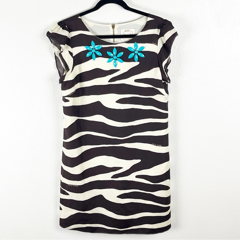 STS 100% Silk Brown Striped Turquoise Embellished Neckline Short Sleeve Dress 12